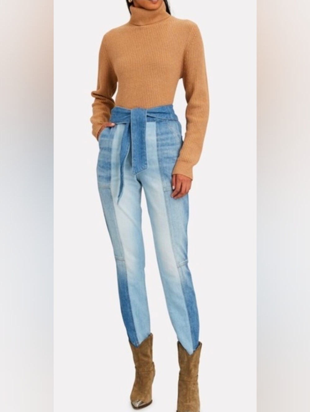 Jonathan Simkhai Blue Two-Tone Denim High-Rise Tie-Waist Jeans Size 25